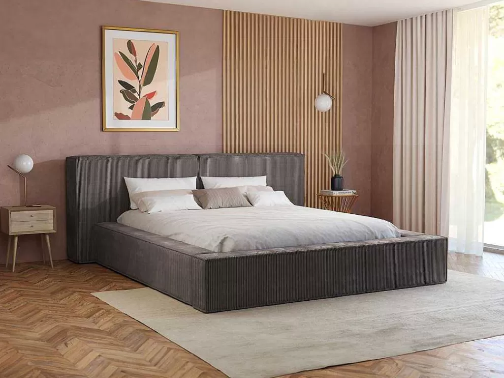 Cama Em Veludo*PASCAL MORABITO Cama Com Gaveta 180 X 200 Cm Veludo Canelado Taupe + Colchão - Timano