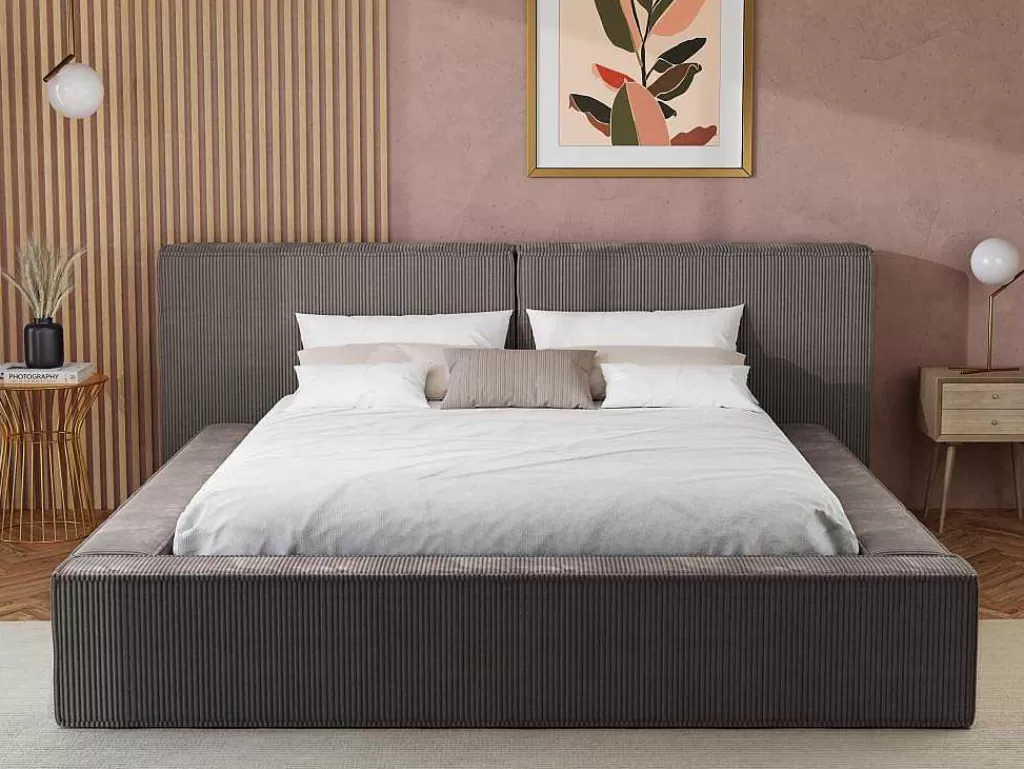 Cama Em Veludo*PASCAL MORABITO Cama Com Gaveta 180 X 200 Cm Veludo Canelado Taupe + Colchão - Timano