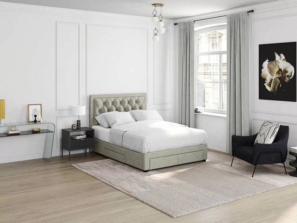 Cama Em Veludo*Vente-unique Cama Com Gavetas 140 X 200 Cm Tecido Veludo Champagne + Colchão - Leopold