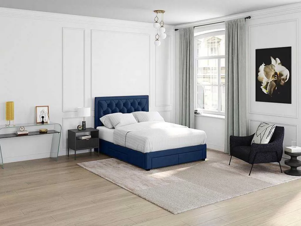 Cama Em Veludo*Vente-unique Cama Com Gavetas 160 X 200 Cm Veludo Azul + Colchão - Leopold
