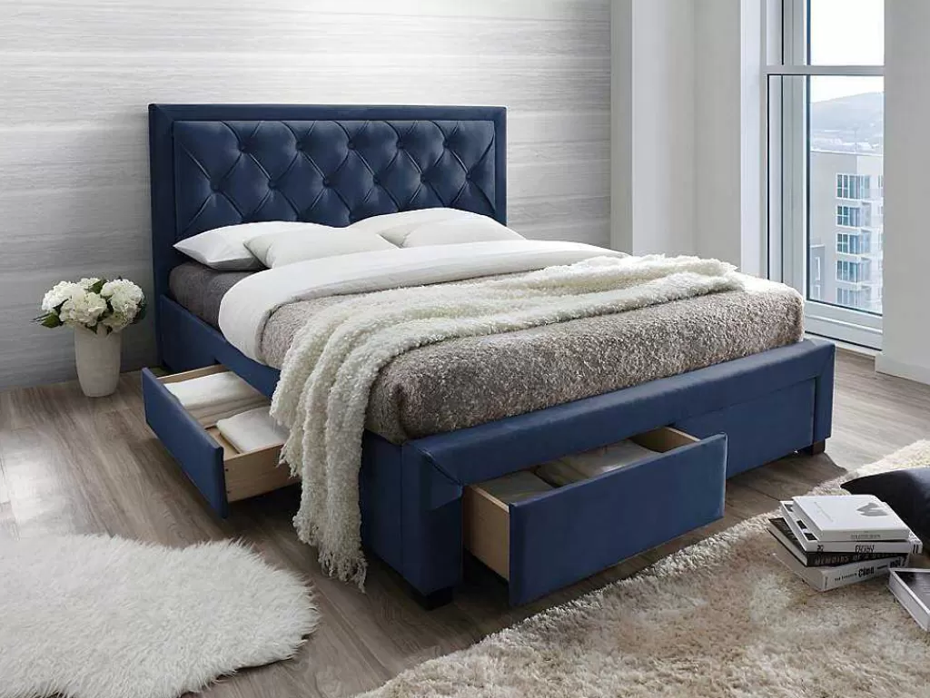 Cama Em Veludo*Vente-unique Cama Com Gavetas 160 X 200 Cm Veludo Azul + Colchão - Leopold