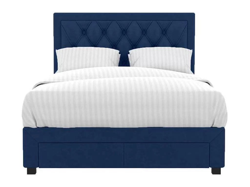 Cama Em Veludo*Vente-unique Cama Com Gavetas 180 X 200 Cm Tecido Veludo Azul + Colchão - Leopold