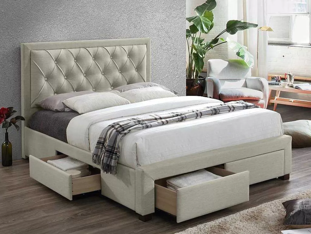Cama Em Veludo*Vente-unique Cama Com Gavetas 180 X 200 Cm Tecido Veludo Champagne + Colchão - Leopold