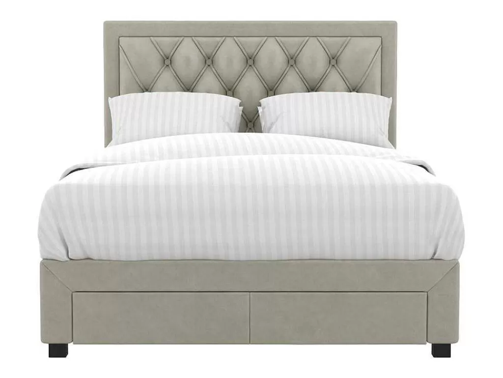 Cama Em Veludo*Vente-unique Cama Com Gavetas 180 X 200 Cm Tecido Veludo Champagne + Colchão - Leopold