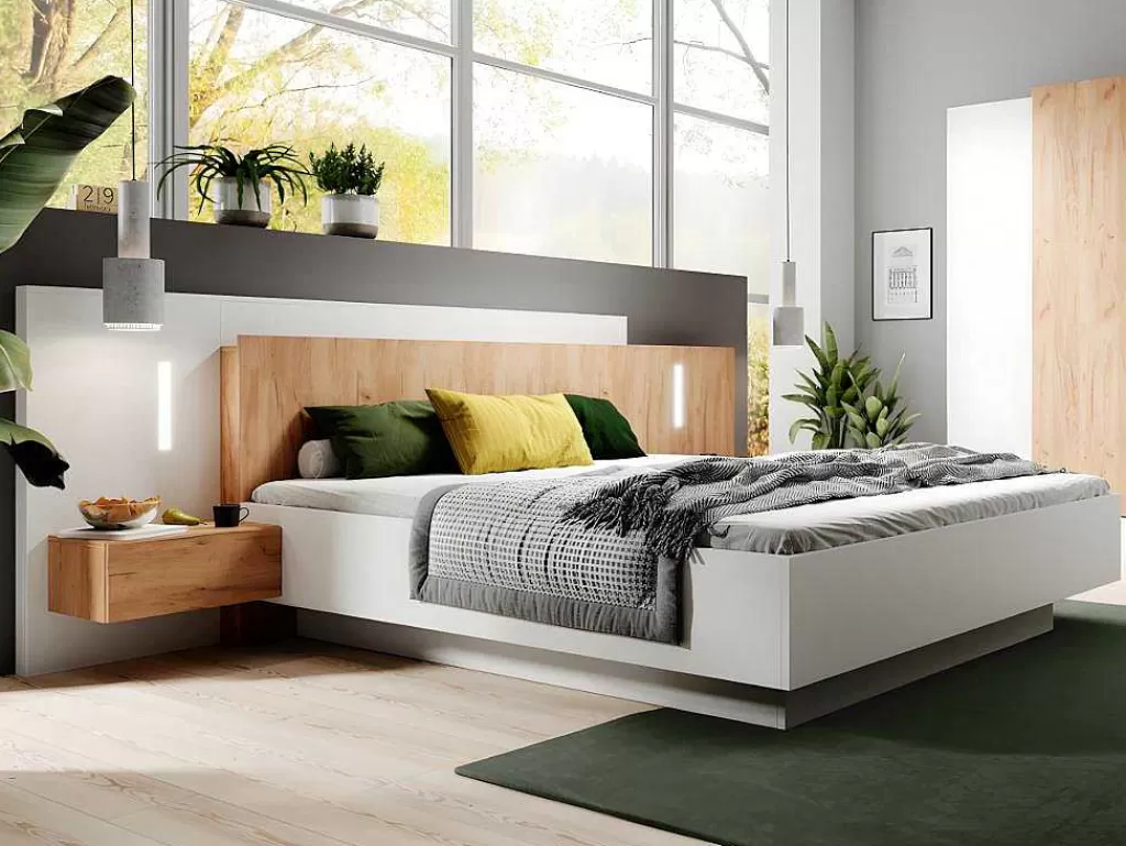 Cama De Adulto*Vente-unique Cama Com Mesas De Cabeceira 160 X 200 Cm, 2 Gavetas, Com Leds, Cor Branco E Natural + Estrado De Ripas - Francoli