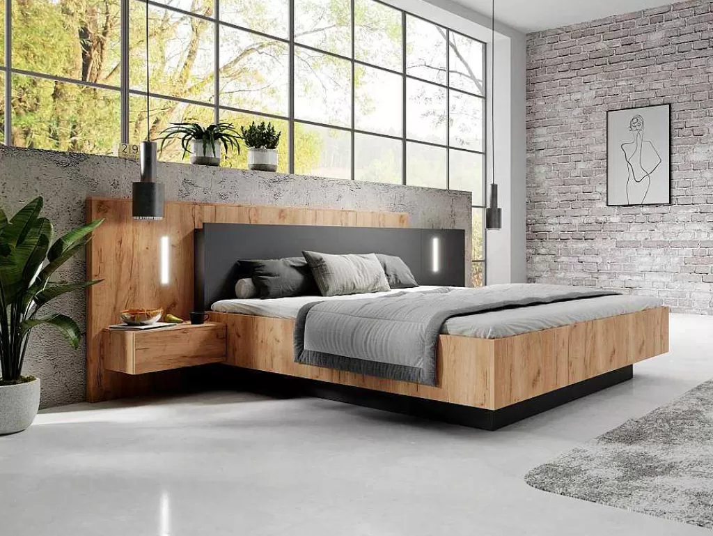 Cama De Adulto*Vente-unique Cama Com Mesas De Cabeceira 160 X 200 Cm, 2 Gavetas, Com Leds, Cor Natural E Antracite + Estrado De Ripas - Francoli