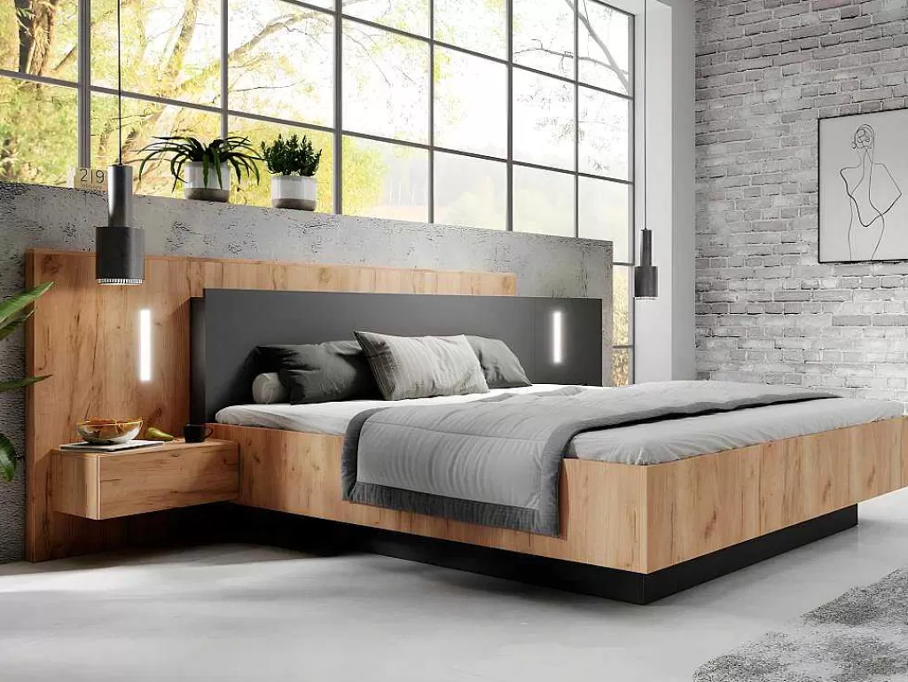 Cama De Adulto*Vente-unique Cama Com Mesas De Cabeceira 160 X 200 Cm, 2 Gavetas, Com Leds, Cor Natural E Antracite + Estrado De Ripas - Francoli