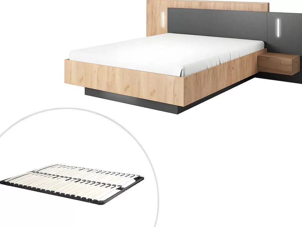 Cama De Adulto*Vente-unique Cama Com Mesas De Cabeceira 160 X 200 Cm, 2 Gavetas, Com Leds, Cor Natural E Antracite + Estrado De Ripas - Francoli