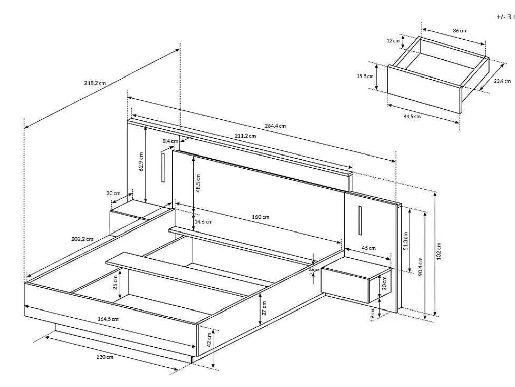 Cama De Adulto*Vente-unique Cama Com Mesas De Cabeceira 160 X 200 Cm, 2 Gavetas, Com Leds, Cor Natural E Antracite + Estrado De Ripas - Francoli