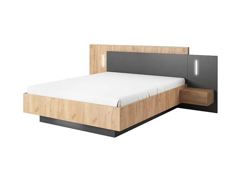 Cama De Adulto*Vente-unique Cama Com Mesas De Cabeceira 160 X 200 Cm, 2 Gavetas E Leds Cor Natural E Antracite - Francoli