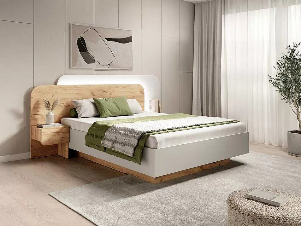 Cama De Adulto*Vente-unique Cama Com Mesas De Cabeceira 160X200 Cm, Com Leds, Cor Natural E Branco - Desado