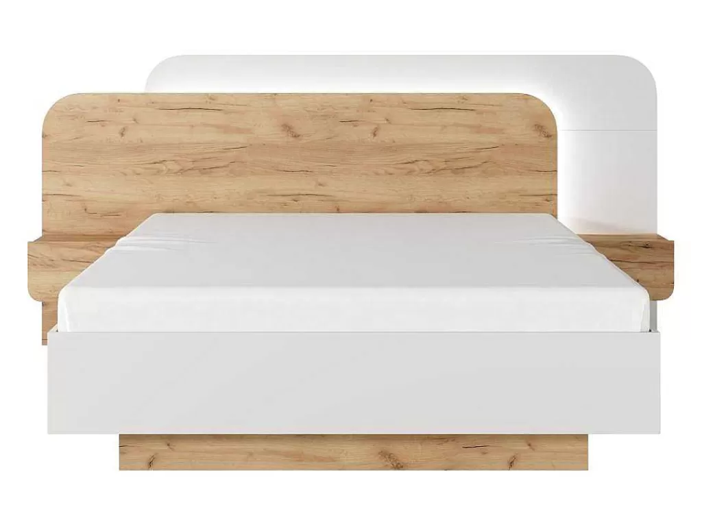 Cama De Adulto*Vente-unique Cama Com Mesas De Cabeceira 160X200 Cm, Com Leds, Cor Natural E Branco - Desado