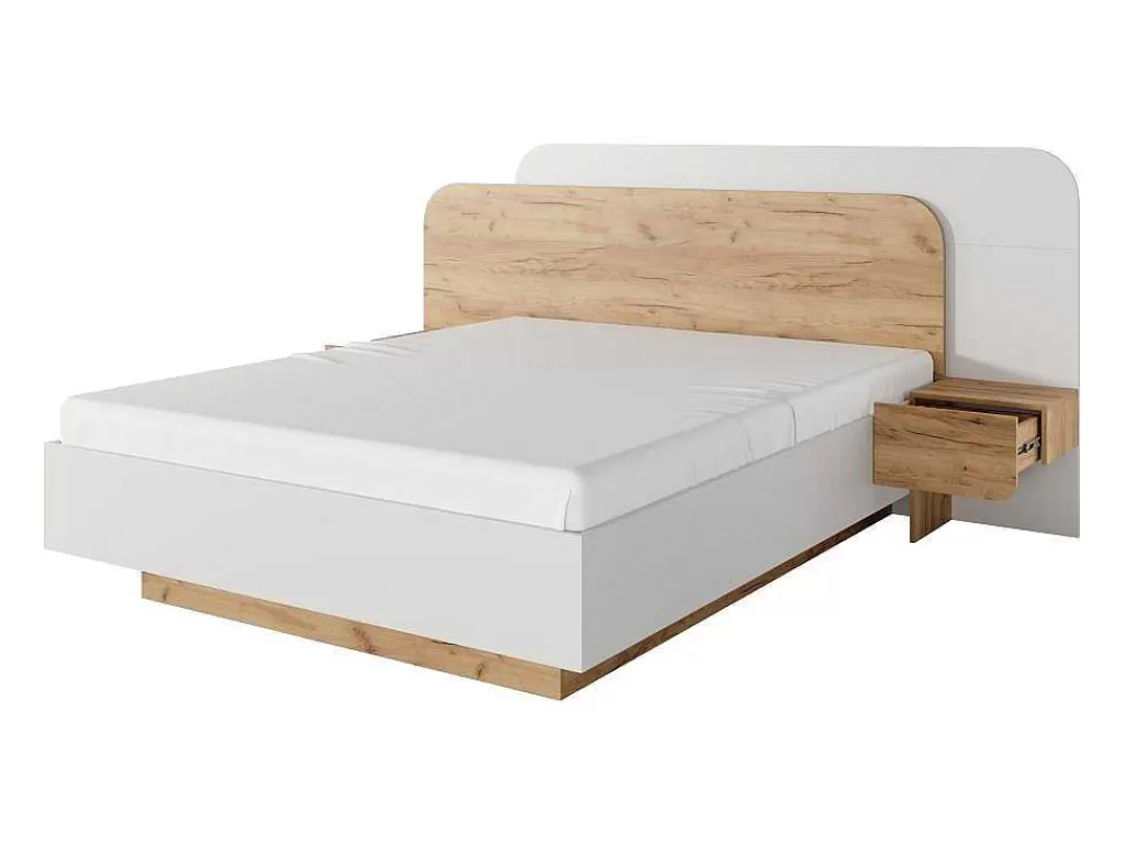 Cama De Adulto*Vente-unique Cama Com Mesas De Cabeceira 160X200 Cm, Com Leds, Cor Natural E Branco - Desado