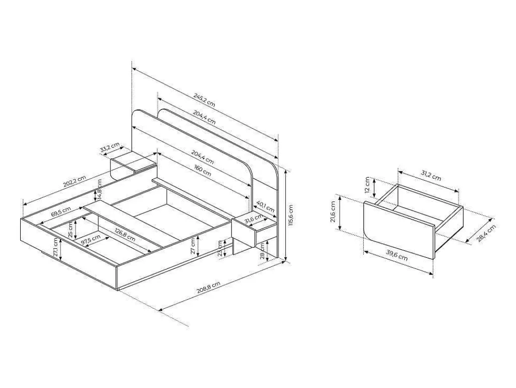 Cama De Adulto*Vente-unique Cama Com Mesas De Cabeceira 160X200 Cm, Com Leds, Cor Natural E Branco - Desado