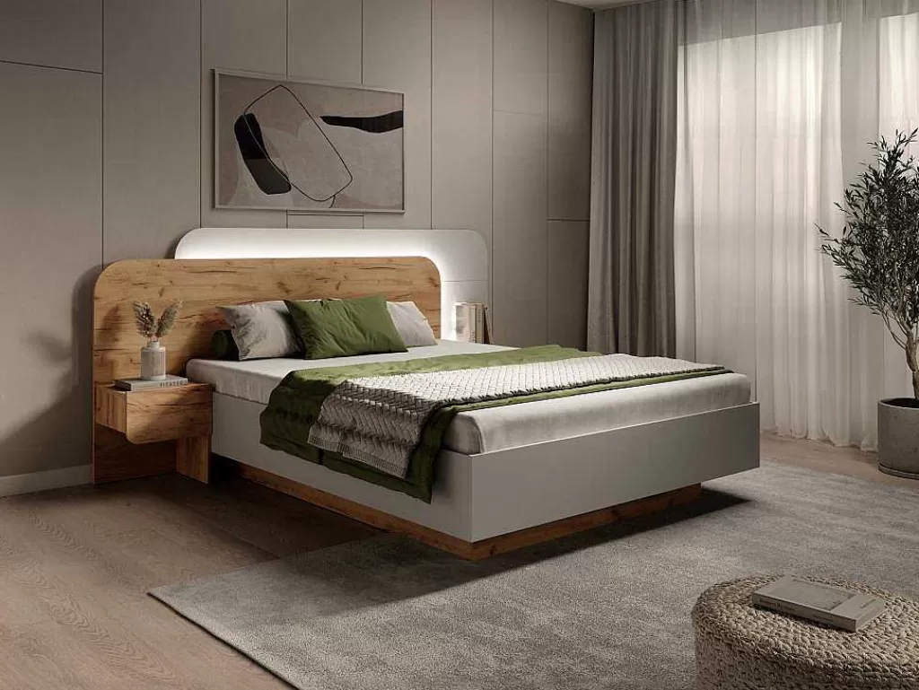 Cama De Adulto*Vente-unique Cama Com Mesas De Cabeceira 160X200 Cm, Com Leds, Cor Natural E Branco - Desado