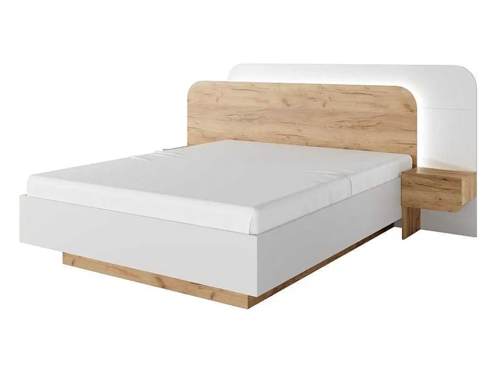 Cama De Adulto*Vente-unique Cama Com Mesas De Cabeceira 160X200 Cm, Com Leds, Cor Natural E Branco - Desado