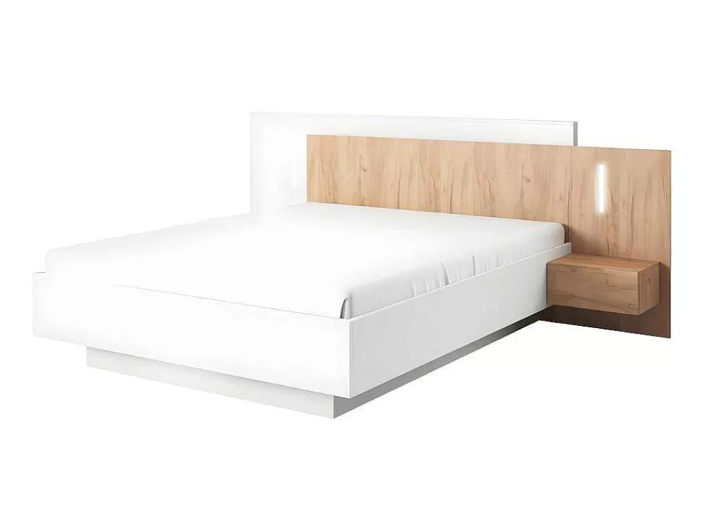 Cama De Adulto*Vente-unique Cama Com Mesas De Cabeceira De 160 X 200 Cm Com 2 Gavetas E Com Leds Cor Branco E Carvalho - Francoli