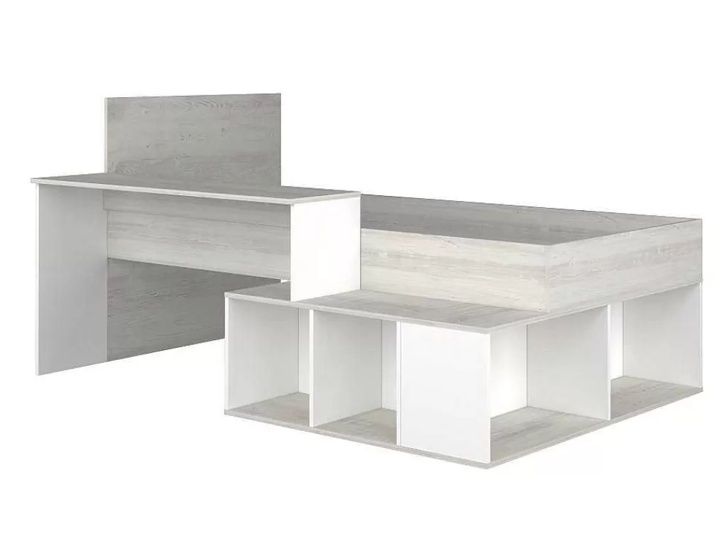 Cama De Criança*Vente-unique Cama Combinada 90X200 Cm Com Espacos De Arrumação E Secretária Cor Atural Cinza E Branco - Rigali
