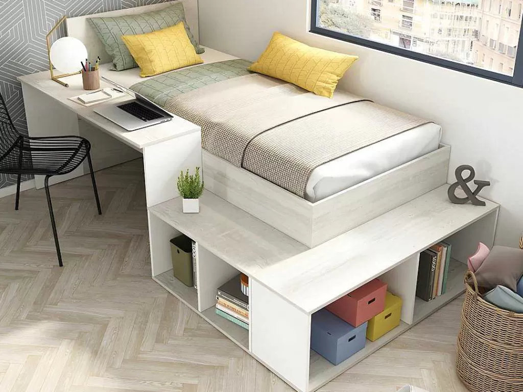 Cama De Criança*Vente-unique Cama Combinada 90X200 Cm Com Espacos De Arrumação E Secretária Cor Atural Cinza E Branco - Rigali