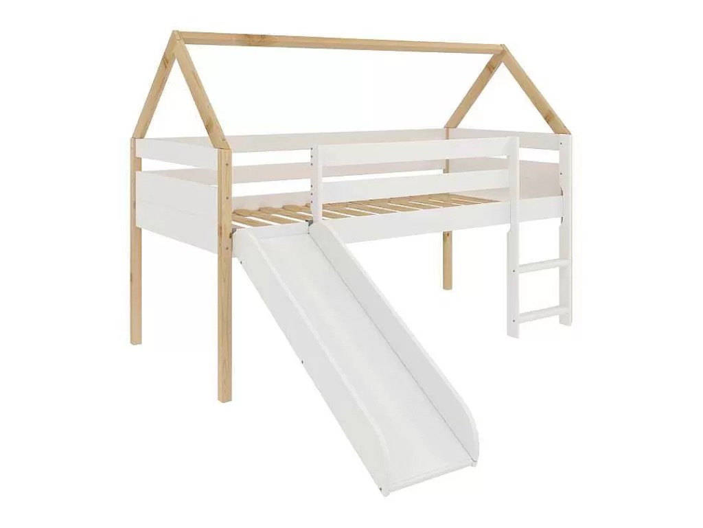 Cama De Criança*Venprodin Cama Deslizante Logan Com Escada 140X200X96 Branco-Natural