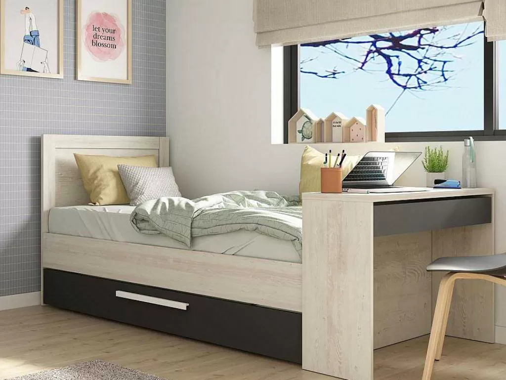 Cama Dupla*Vente-unique Cama Dupla 2X90X200 Cm, Com Secretária Cor Natural E Antracite - Vouani