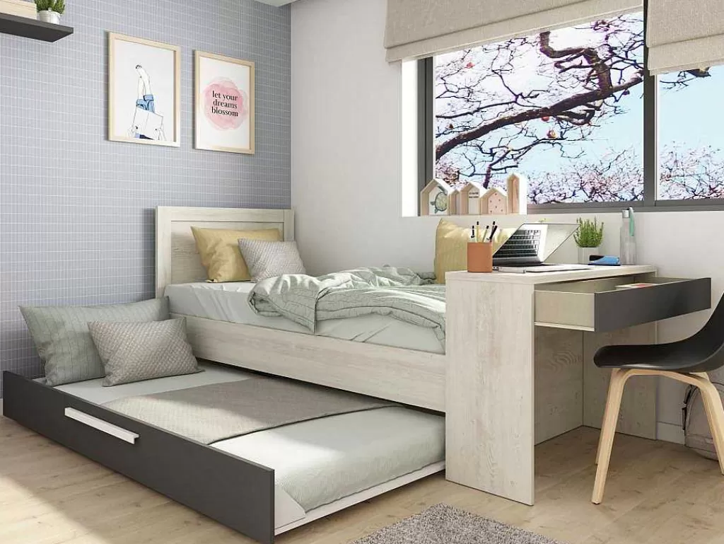 Cama Dupla*Vente-unique Cama Dupla 2X90X200 Cm, Com Secretária Cor Natural E Antracite - Vouani