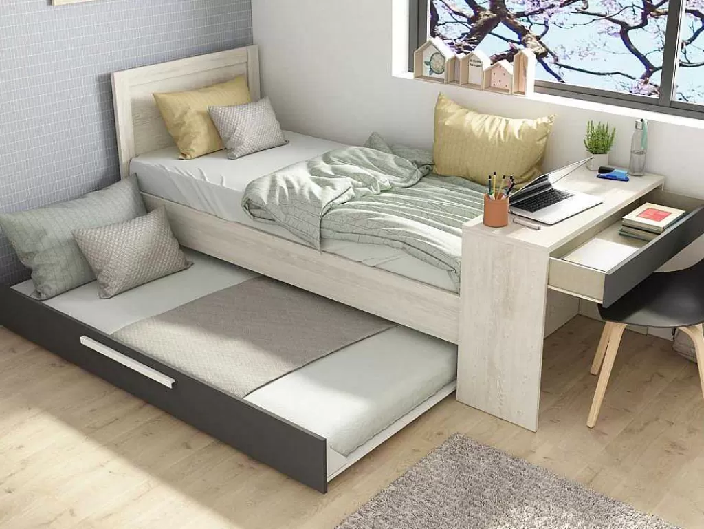 Cama Dupla*Vente-unique Cama Dupla 2X90X200 Cm, Com Secretária Cor Natural E Antracite - Vouani