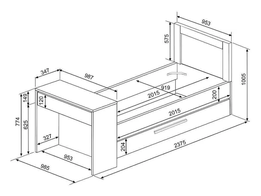 Cama Dupla*Vente-unique Cama Dupla 2X90X200 Cm, Com Secretária Cor Natural E Antracite - Vouani
