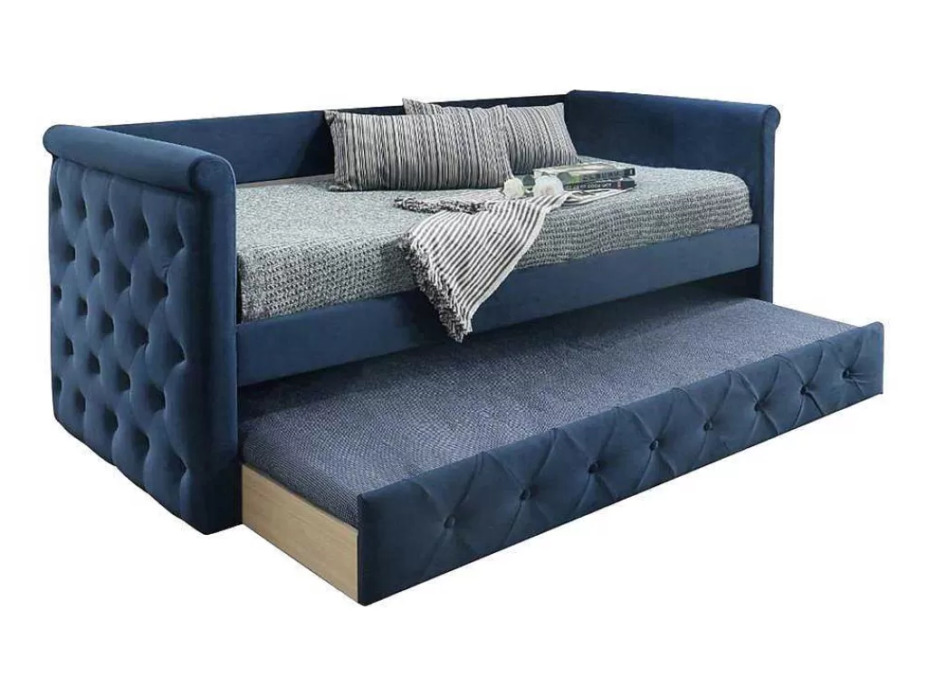 Cama Dupla*Vente-unique Cama Dupla Acolchoada 2X90X190 Cm Em Tecido Azul - Louise