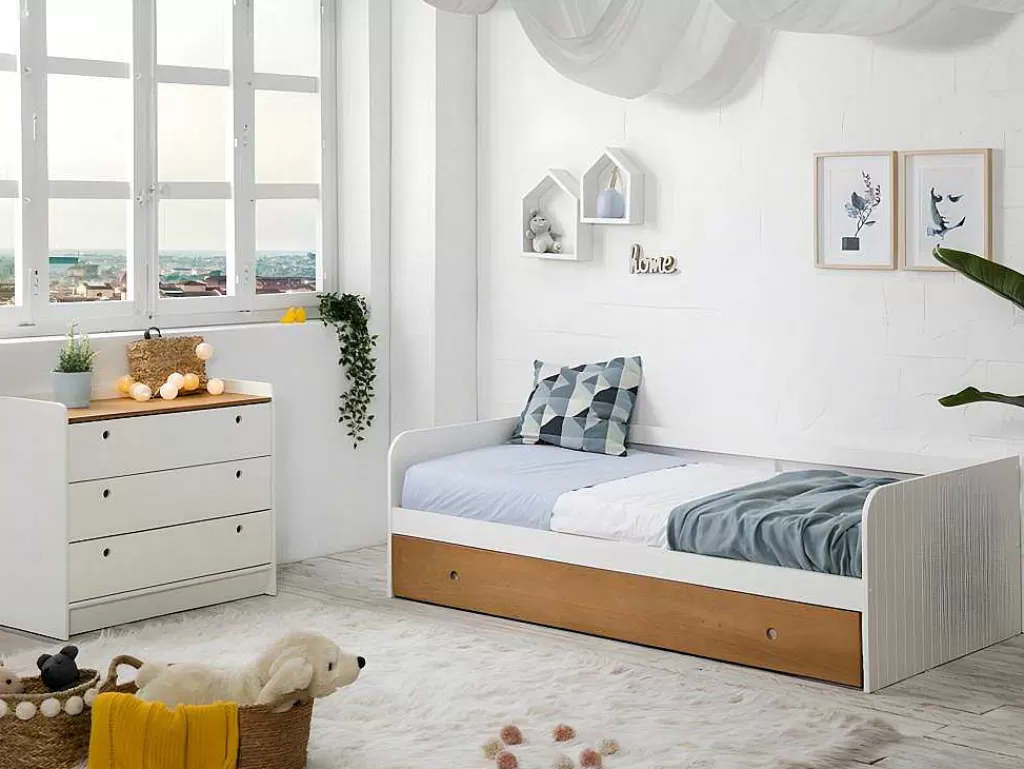 Cama De Criança*Vente-unique Cama Dupla Banco 2X90X190 Cm Mdf Branco E Cerejeira - Juliette