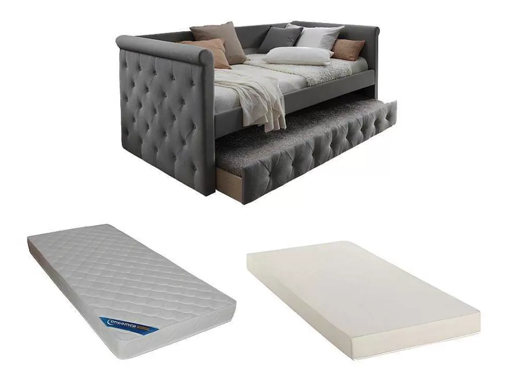 Cama Dupla*Vente-unique Cama Dupla Banco De 2X90X190 Cm Em Tecido Cinza + Colchão - Louise