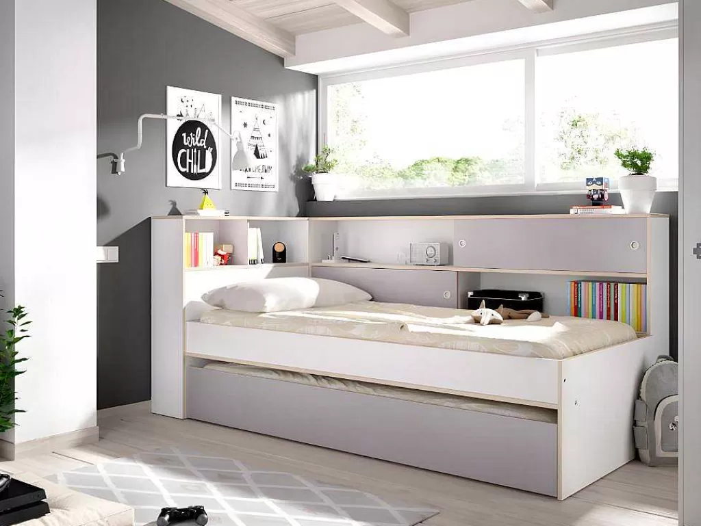Cama Dupla*Vente-unique Cama Dupla Com Espacos De Arrumação De 90 X 200 E 90 X 190 Cm Cor Branco E Cinza - Losiana