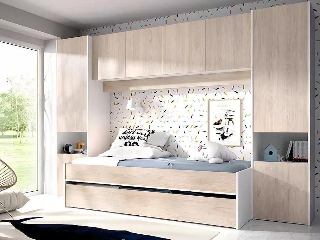 Cama De Criança*Vente-unique Cama Dupla Com Móvel De Cama De 90 X 190 Cm Cor Carvalho E Branco + Colchões - Selena
