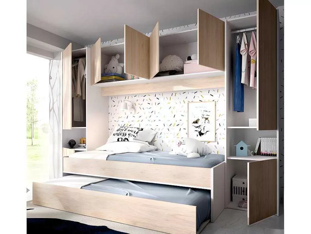 Cama De Criança*Vente-unique Cama Dupla Com Móvel De Cama De 90 X 190 Cm Cor Carvalho E Branco + Colchões - Selena