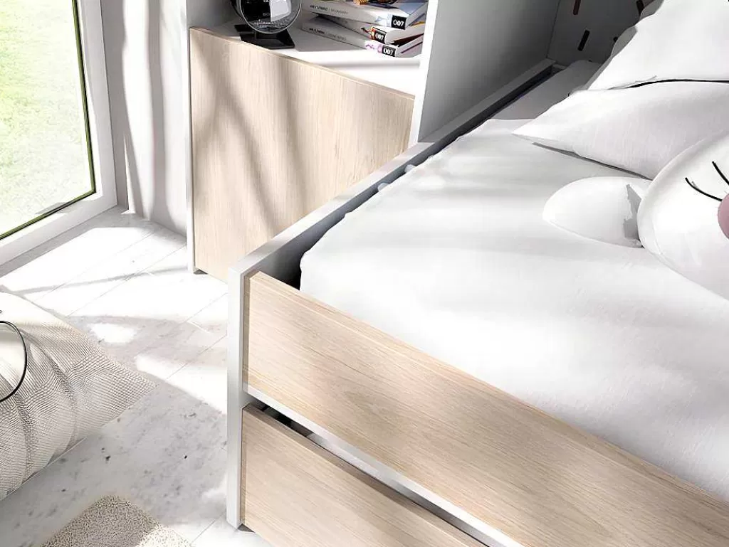 Cama De Criança*Vente-unique Cama Dupla Com Móvel De Cama De 90 X 190 Cm Cor Carvalho E Branco + Colchões - Selena