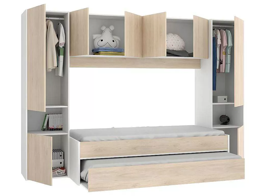 Cama De Criança*Vente-unique Cama Dupla Com Móvel De Cama De 90 X 190 Cm Cor Carvalho E Branco + Colchões - Selena