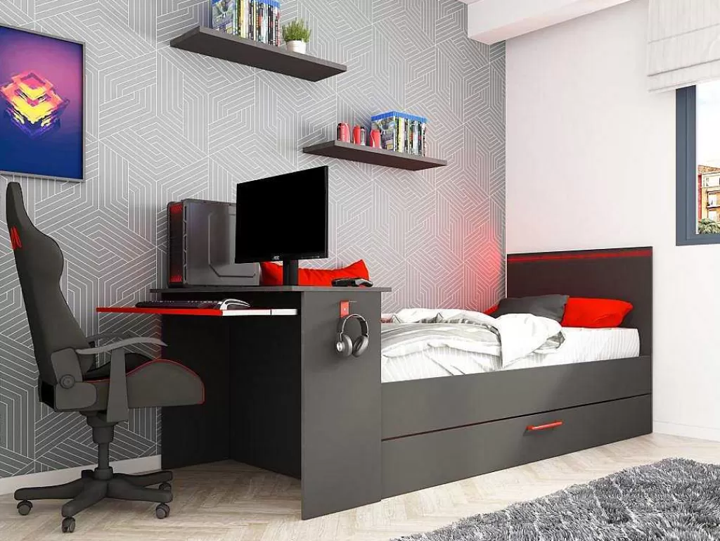 Cama Dupla*Vente-unique Cama Dupla Gamer 2 X 90 X 200 Com Secretária E Leds, Antracite E Vermelho + Sommier - Vouani