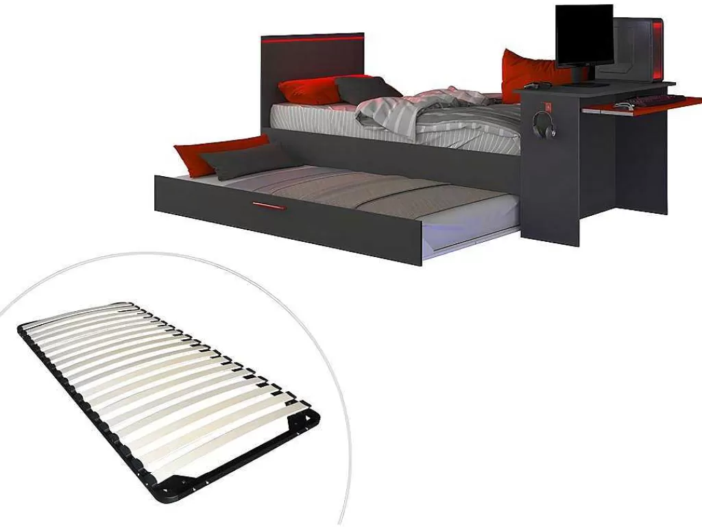 Cama Dupla*Vente-unique Cama Dupla Gamer 2 X 90 X 200 Com Secretária E Leds, Antracite E Vermelho + Sommier - Vouani