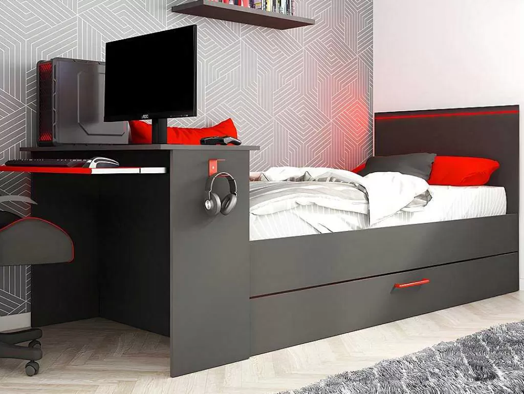 Cama Dupla*Vente-unique Cama Dupla Gamer 2 X 90 X 200 Com Secretária E Leds, Antracite E Vermelho + Sommier - Vouani