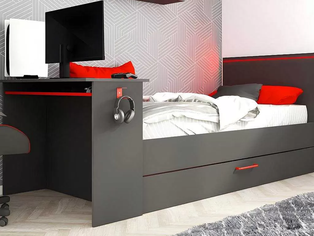 Cama Dupla*Vente-unique Cama Dupla Gamer 2 X 90 X 200 Com Secretária E Leds, Antracite E Vermelho + Sommier - Vouani