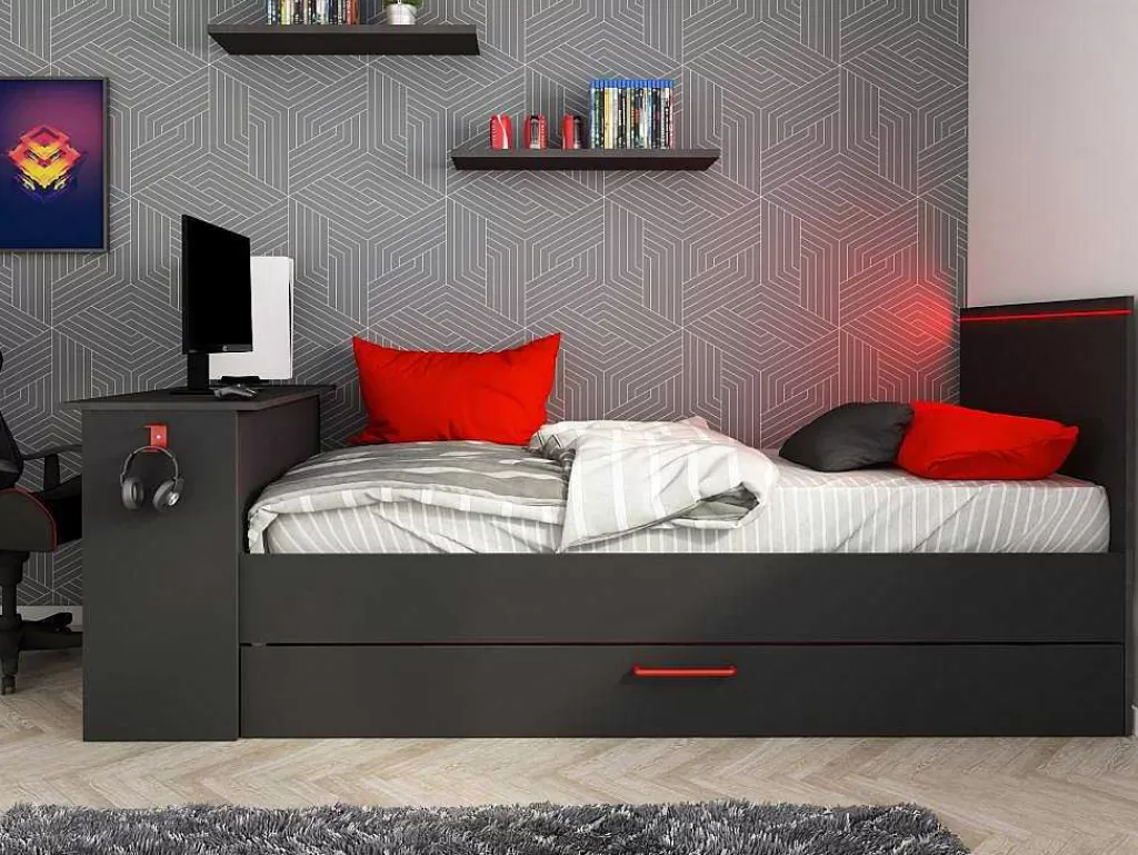 Cama Dupla*Vente-unique Cama Dupla Gamer 2 X 90 X 200 Com Secretária E Leds, Antracite E Vermelho + Sommier - Vouani