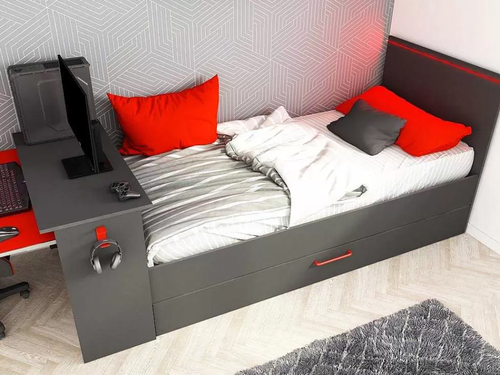 Cama Dupla*Vente-unique Cama Dupla Gamer 2 X 90 X 200 Com Secretária E Leds, Antracite E Vermelho + Sommier - Vouani