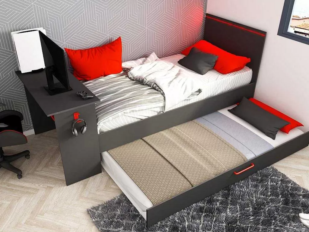 Cama Dupla*Vente-unique Cama Dupla Gamer 2 X 90 X 200 Com Secretária E Leds, Antracite E Vermelho + Sommier - Vouani