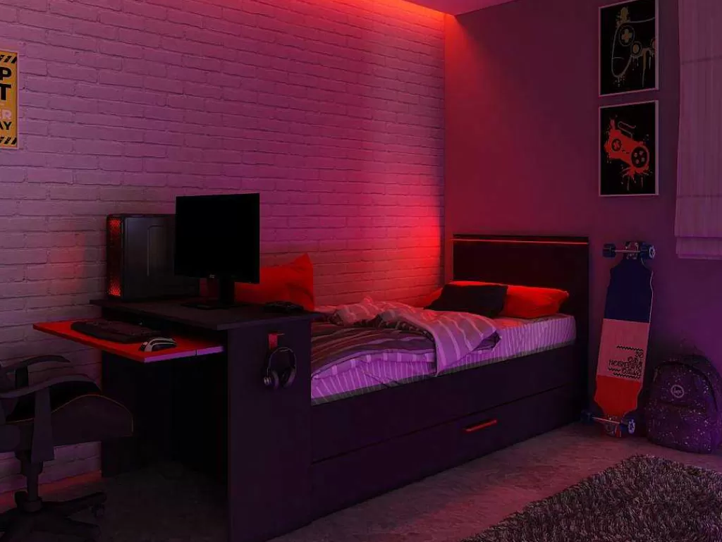 Cama Dupla*Vente-unique Cama Dupla Gamer 2 X 90 X 200 Com Secretária E Leds, Antracite E Vermelho + Sommier - Vouani
