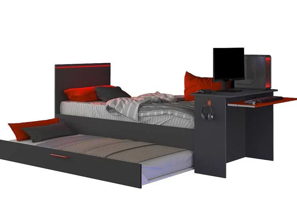 Cama Dupla*Vente-unique Cama Dupla Gamer 2 X 90 X 200 Com Secretária E Leds, Antracite E Vermelho + Sommier - Vouani