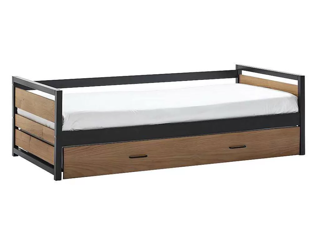 Cama De Criança*Vente-unique Cama Dupla Industrial 2X90X190 Cm Mdf, Pinho E Metal Castanho Noz E Antracite - Boston