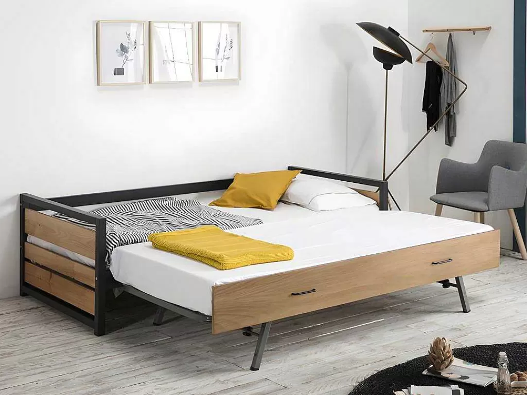 Cama Dupla*Vente-unique Cama Dupla Industrial 2X90X190 Cm Mdf, Pinho E Metal Castanho Noz E Antracite + Colchão - Boston