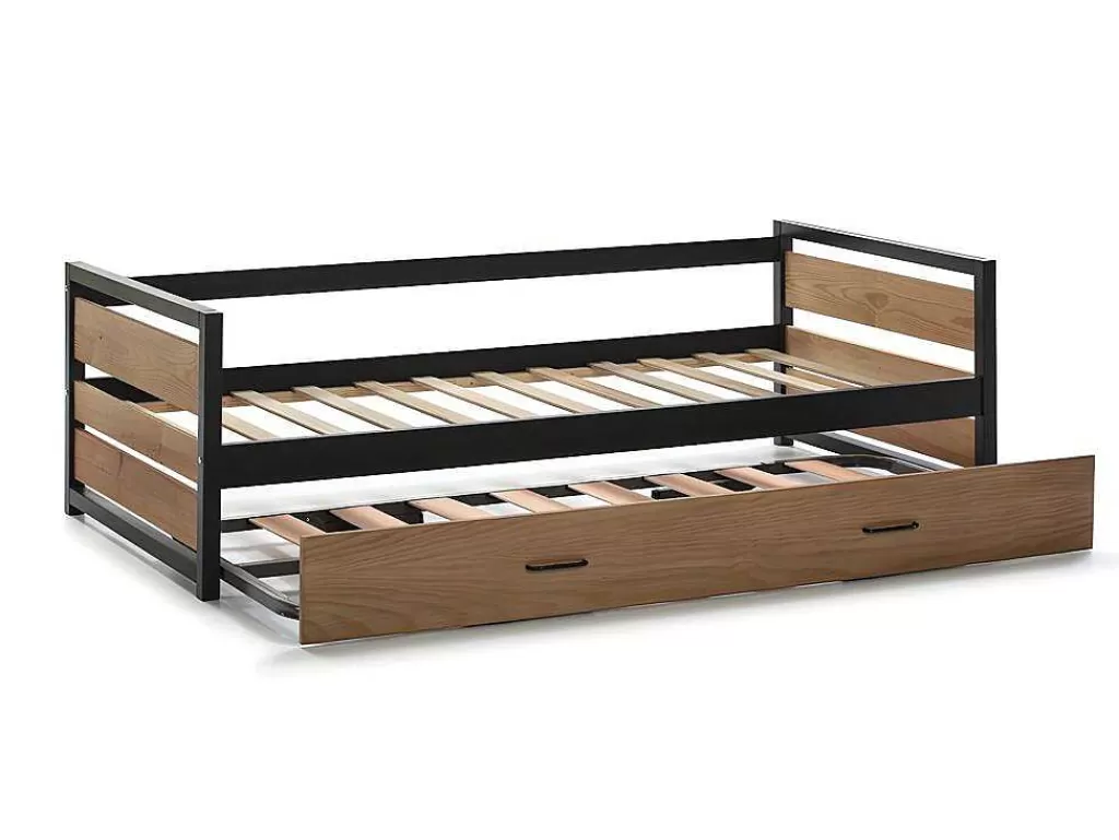 Cama Dupla*Vente-unique Cama Dupla Industrial 2X90X190 Cm Mdf, Pinho E Metal Castanho Noz E Antracite + Colchão - Boston