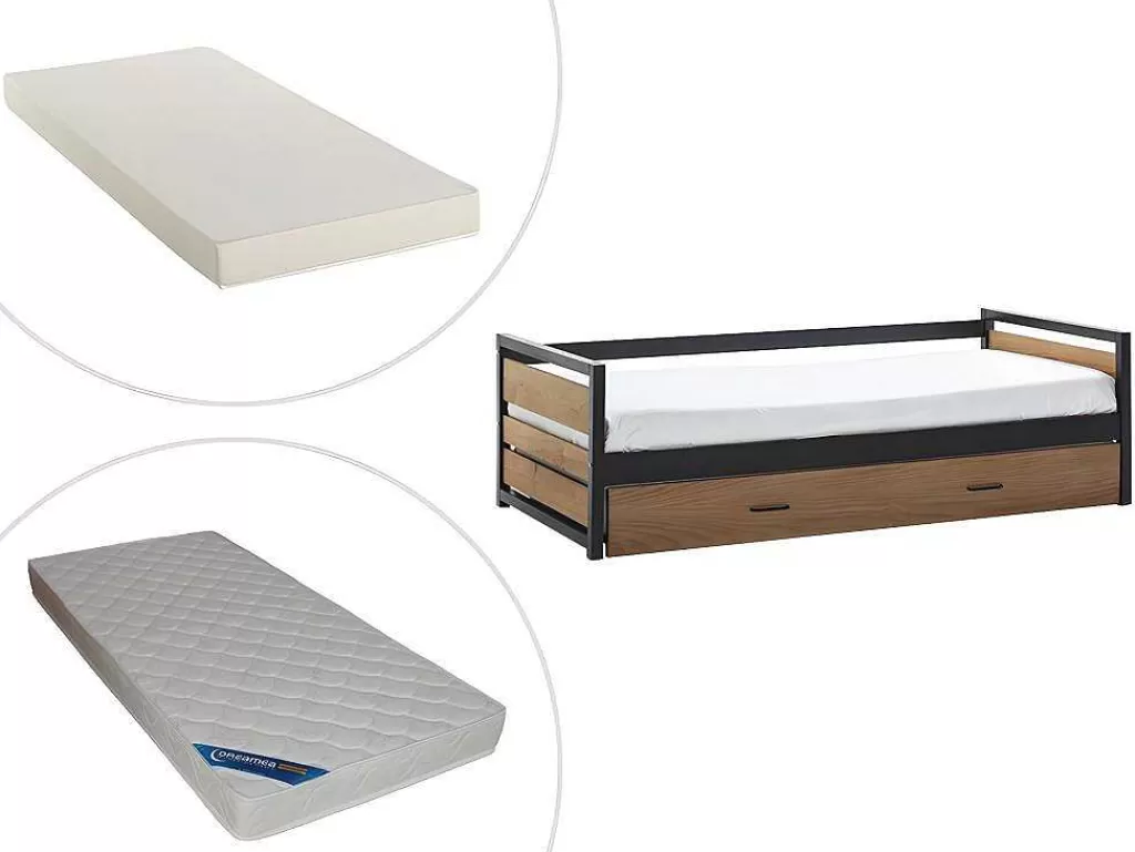 Cama Dupla*Vente-unique Cama Dupla Industrial 2X90X190 Cm Mdf, Pinho E Metal Castanho Noz E Antracite + Colchão - Boston