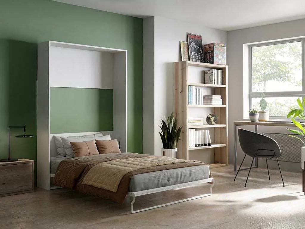 Cama Rebatível*Vente-unique Cama Embutida De 140 X 200 Cm Abertura Vertical Manual Branco + Colchão - Malina Ii